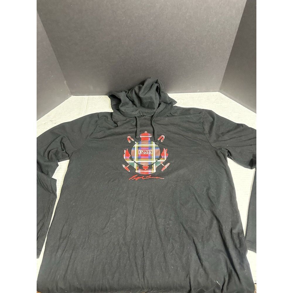 Polo Ralph Lauren Hoodie Holiday Heritage Black With Plaid Logo‎ Pullover LARGE
